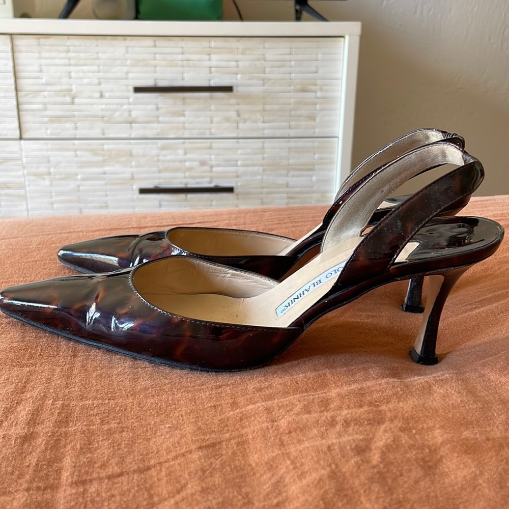 Manolo Blahnik tortoise patent leather sling backs